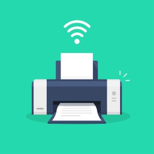 Printer icon with wifi wireless symbol or ink jet fax wi-fi print technology pictogram flat cartoon vector illustration isolated, modern design laser-jet clipart