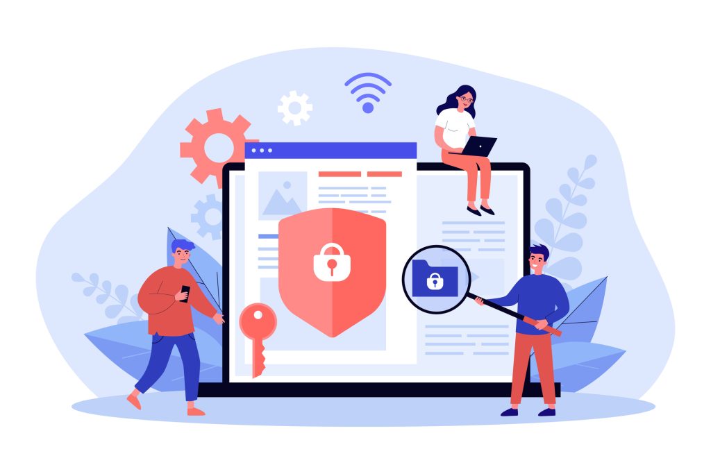 Tiny people protecting social media accounts with shield. Persons networking with phone or laptop flat vector illustration. Cyber security concept for banner, website design or landing web page