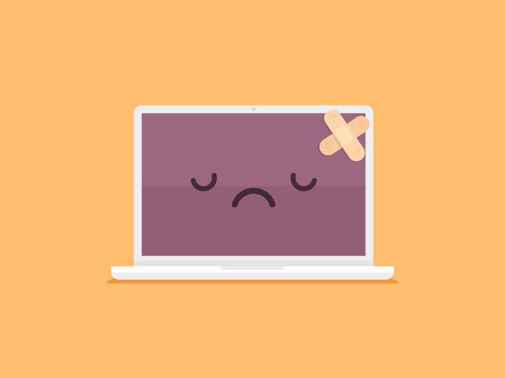 Sad broken laptop computer with bandage vector illustration in flat kawaii cute style