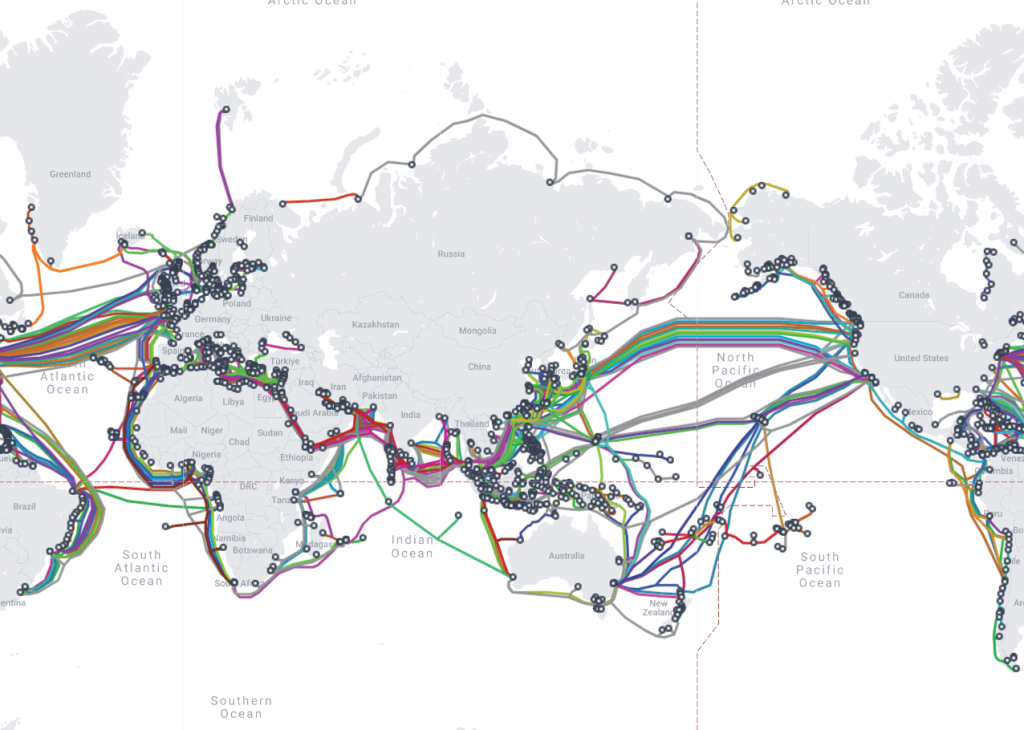 Map showing the international submarine cable network