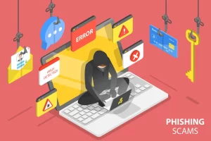 Graphic of a hacker surrounded by error messages and a credit card on a fishing hook