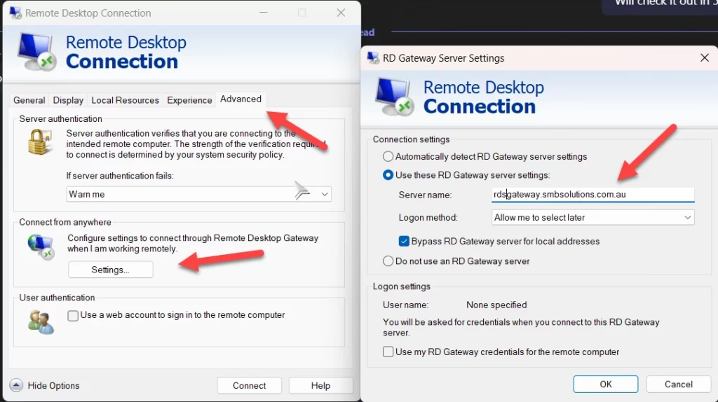 A screenshot showing the new configuration of your Remote Desktop Connection
