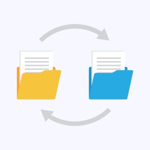 Folders with paper files. Files transfer. Documents management. Copy files, data exchange, backup Vector illustration