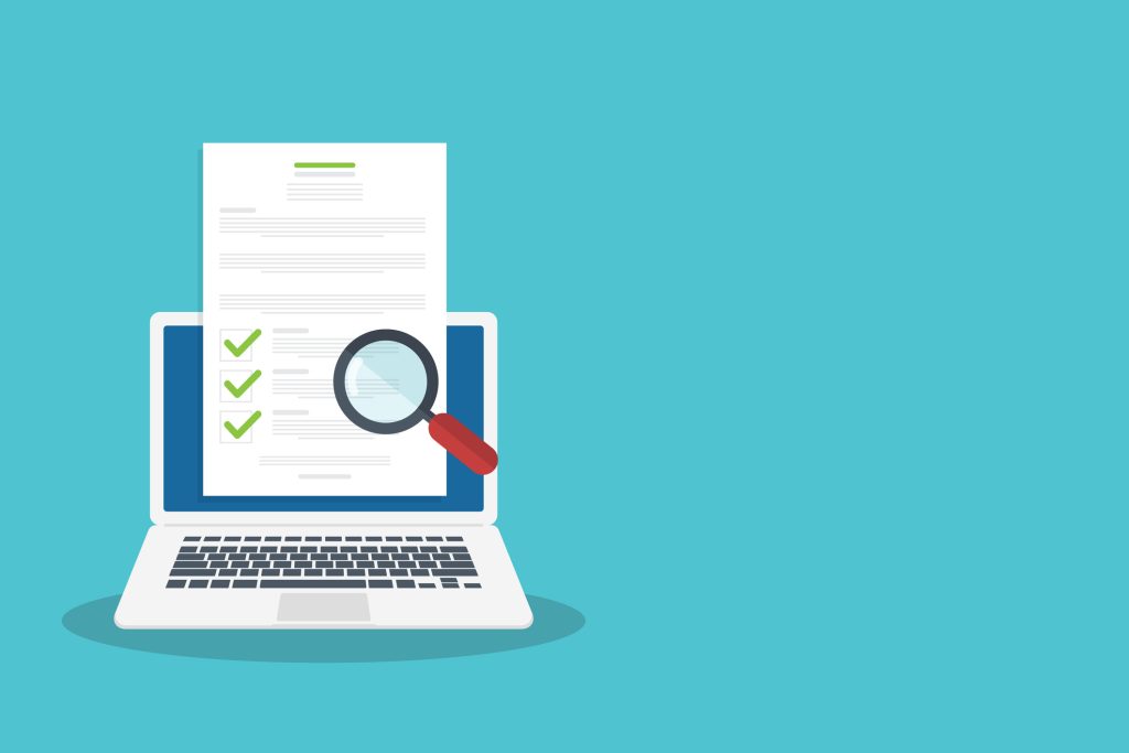 Online digital document inspection or assessment evaluation on laptop computer, contract review, analysis, inspection of agreement contract, compliance verification. Vector illustration