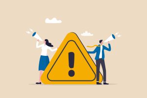 Important announcement, attention or warning information, breaking news or urgent message communication, alert and beware concept, business people announce on megaphone with attention exclamation sign