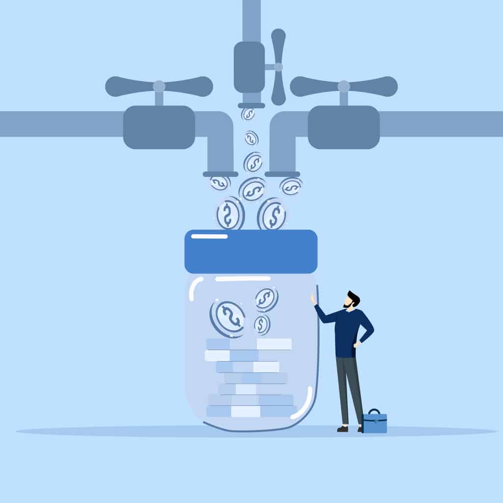 Multiple income stream concept, passive income or income from investing multiple assets, side business to make money concept, businessman standing with multi cash flow from pipe to piggy bank rich.