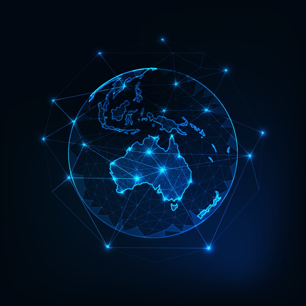 Australia map continent outline on planet Earth view from space abstract background. Globalization, connection concept. Low poly wireframe, lines and dots glowing design.
