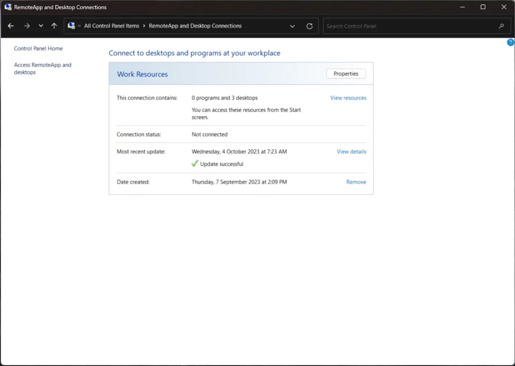 Screenshot showing the Windows Control Panel RemoteApp and Desktop Connections window